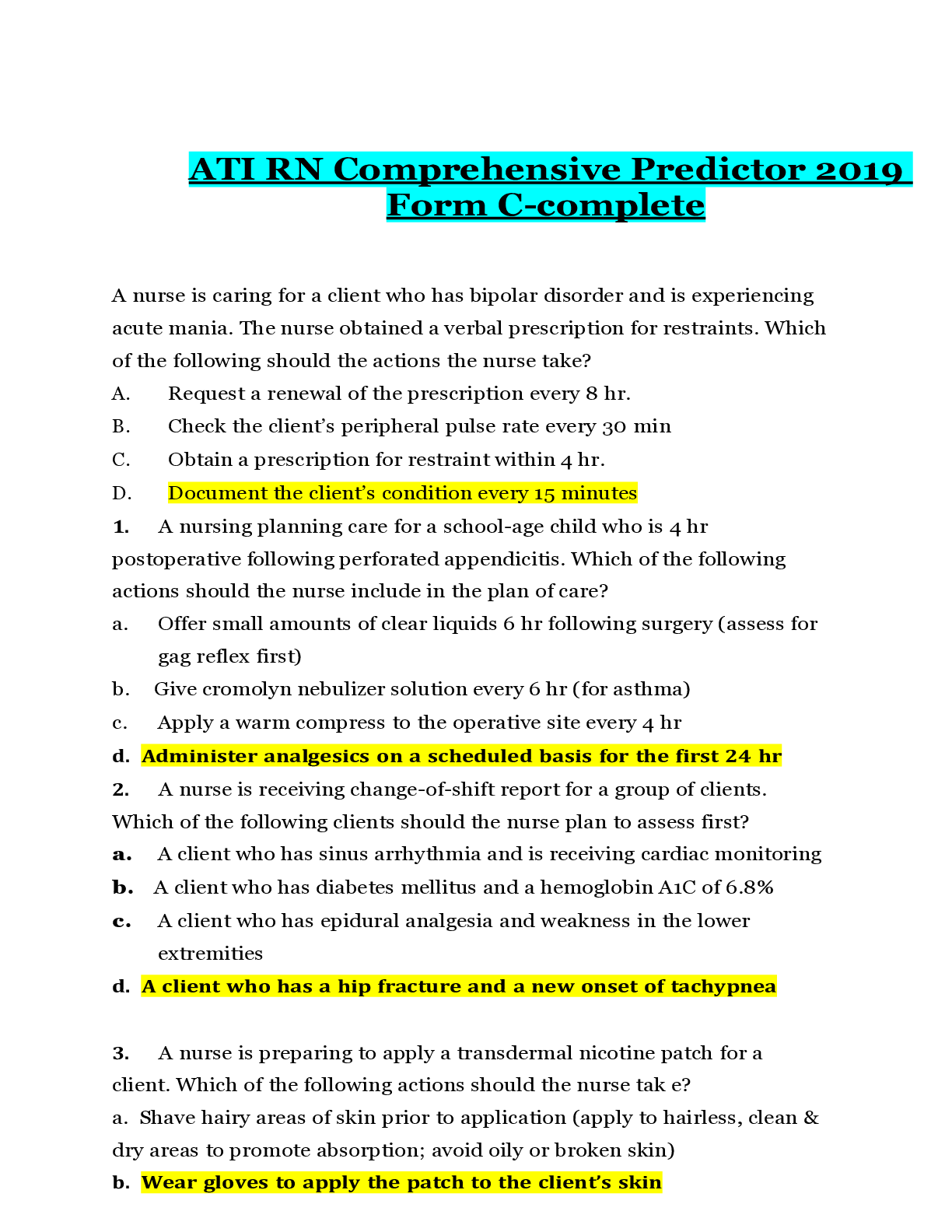 Preview image of ATI RN Comprehensive Predictor 2019 Form C-complete.pdf document
